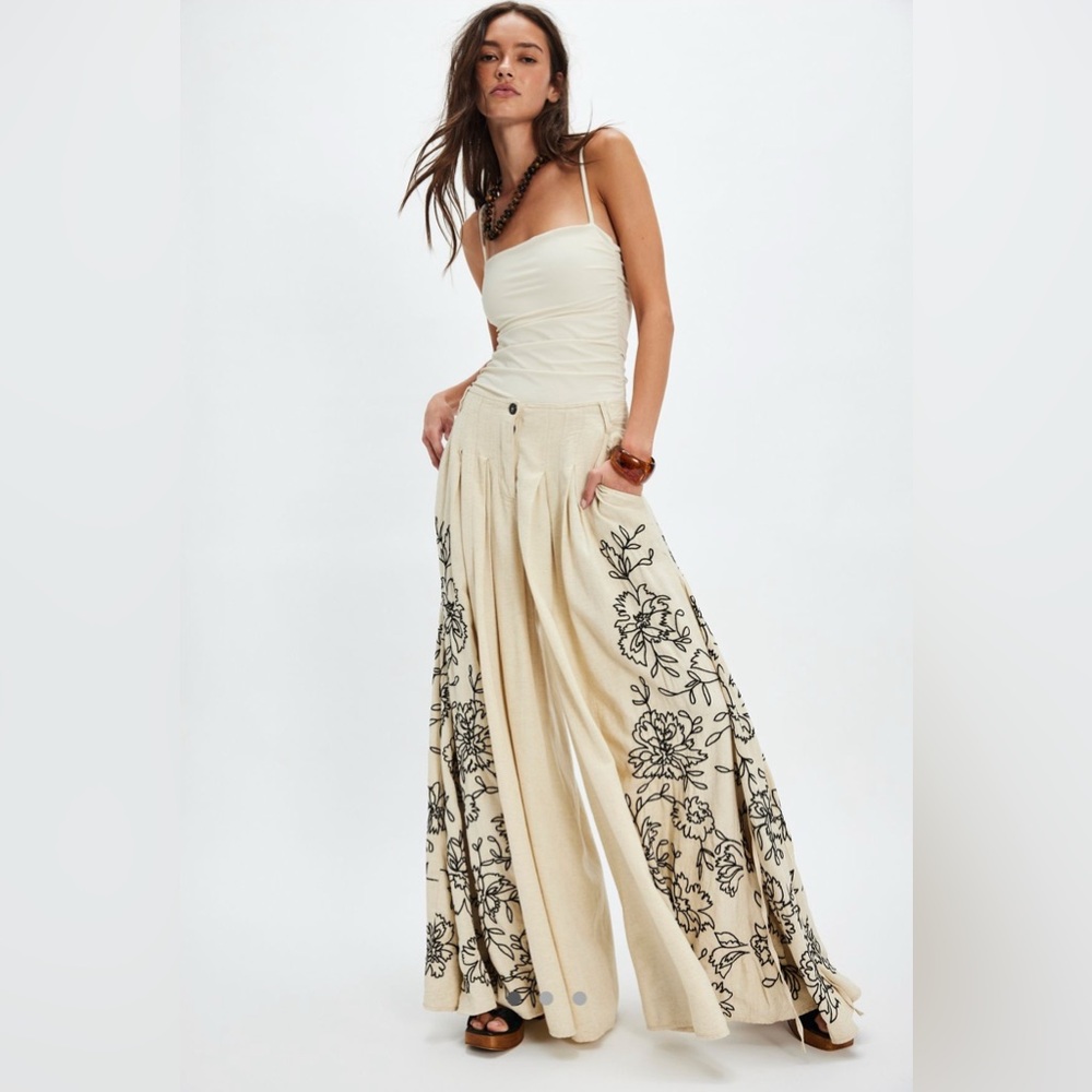 Free People What You Know Floral Embroidery Wide Leg Pants